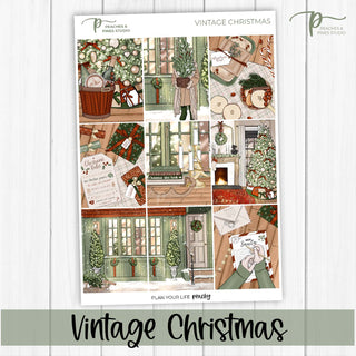 Vintage Christmas Weekly Kit - Planner Stickers For Vertical 7x9 Planners Like Erin Condren EC