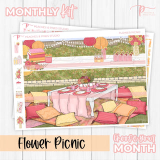 Flower Picnic Monthly Kit - Planner Stickers For Vertical 7x9 Planners Like Erin Condren EC