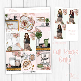 Breakfast & Coffee Weekly Kit - Decorative Planner Stickers for Vertical 7x9 Planners Compatible with Erin Condren EC - Full Boxes Only