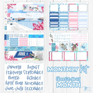 Santorini Dreaming Monthly Kit - Planner Stickers For Vertical 7x9 Planners Like Erin Condren EC