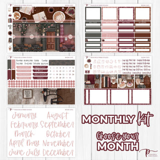 Book Cafe Monthly Kit - Planner Stickers For Vertical 7x9 Planners Like Erin Condren EC